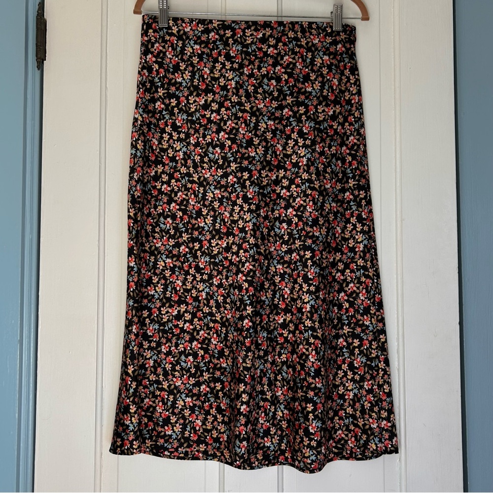 LOFT Floral Black Midi Skirt